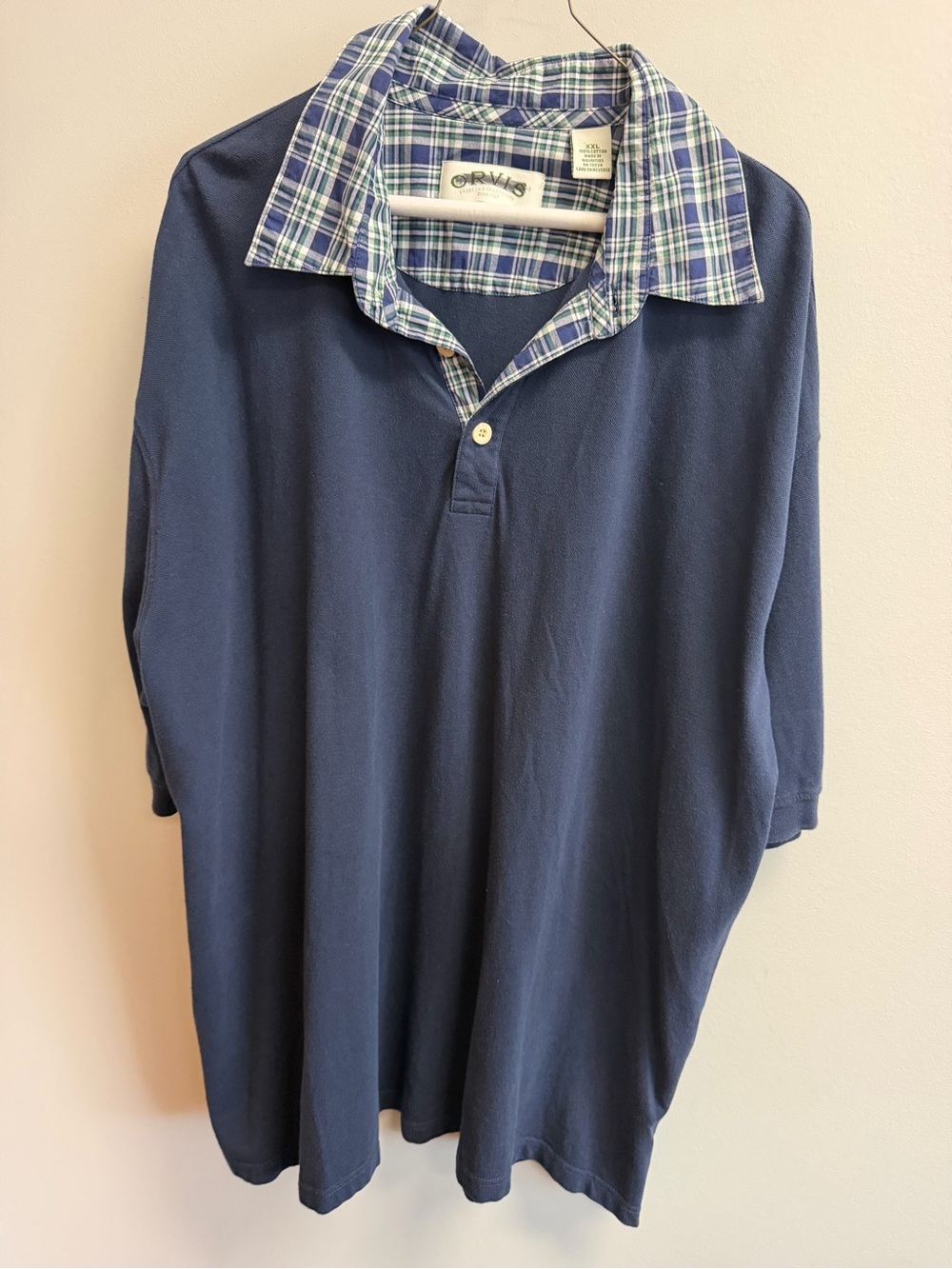 Orvis Navy Polo with Plaid Collar XXL